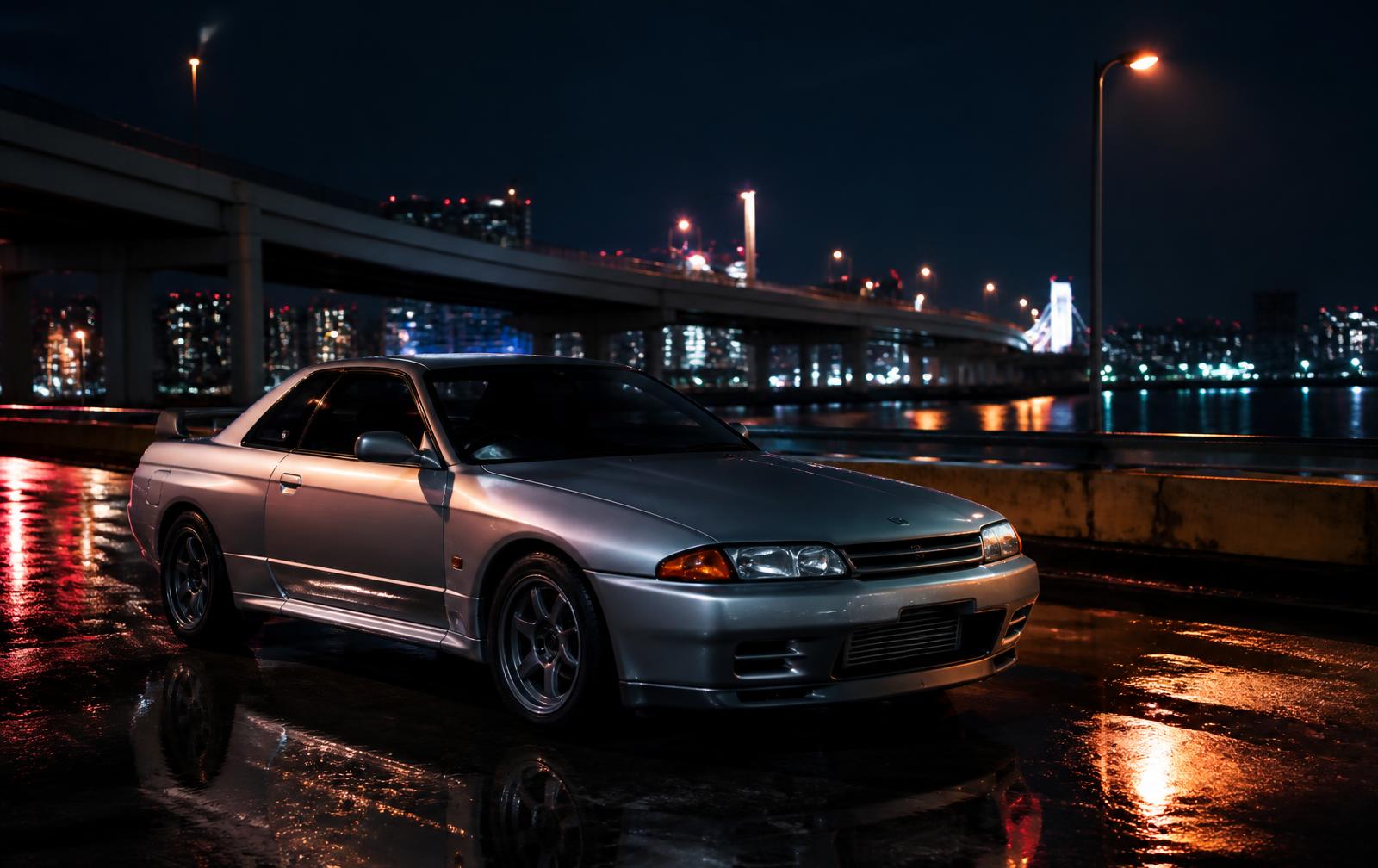 Japanese performance coupe under street lights on a wet bayside expressway at night